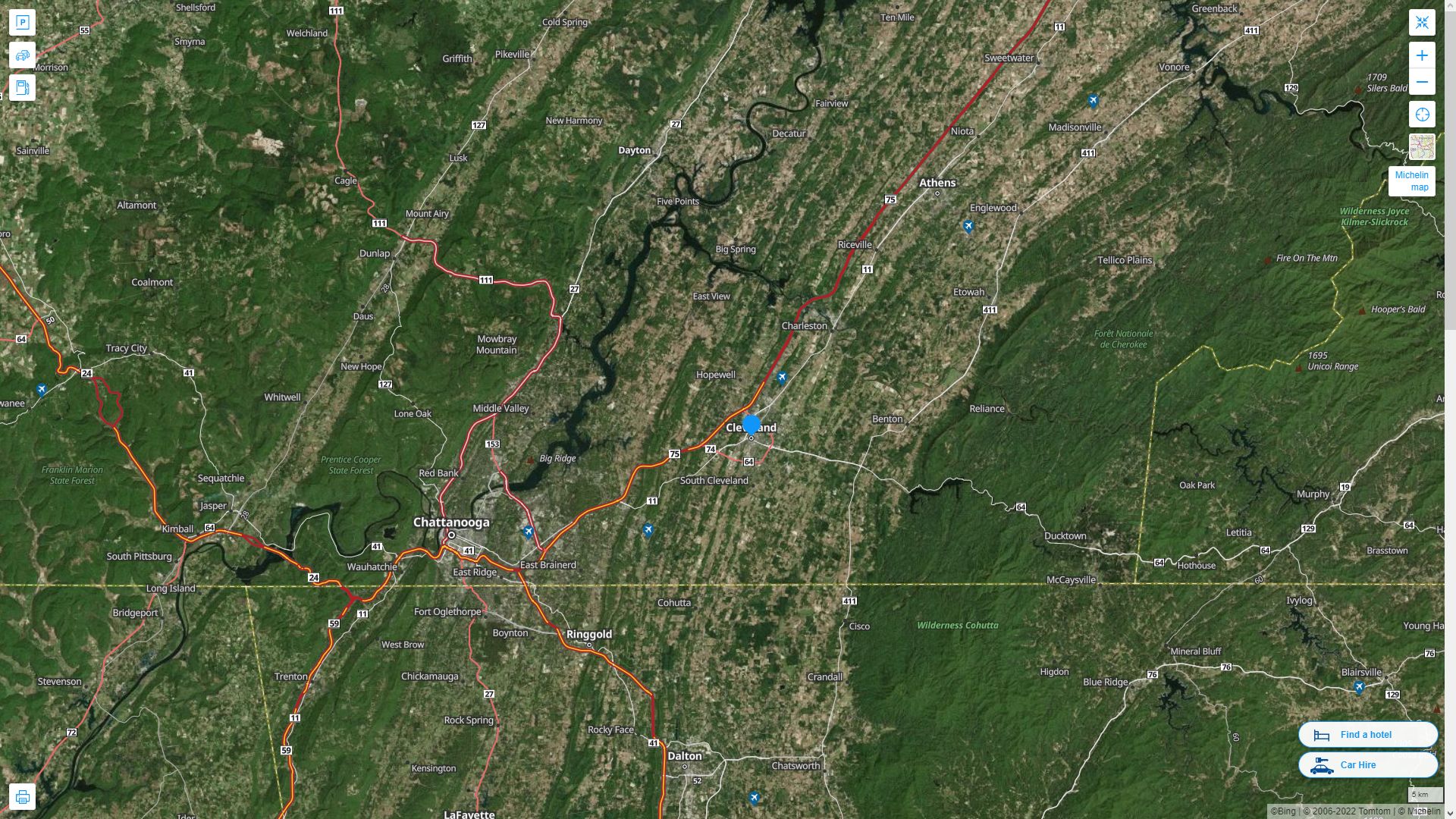 Cleveland Tennessee Highway and Road Map with Satellite View